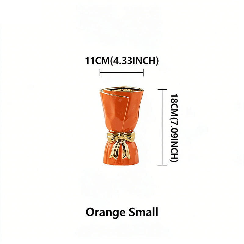 Nordic Minimalist Ceramic Vase with Gold-Rimmed Bow
