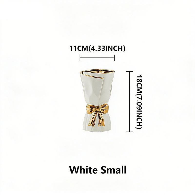 Nordic Minimalist Ceramic Vase with Gold-Rimmed Bow