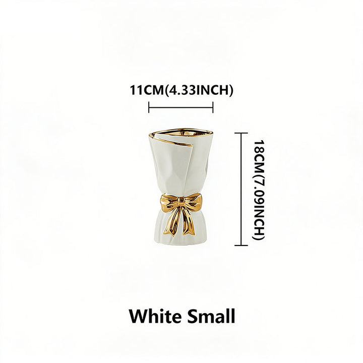 Nordic Minimalist Ceramic Vase with Gold-Rimmed Bow