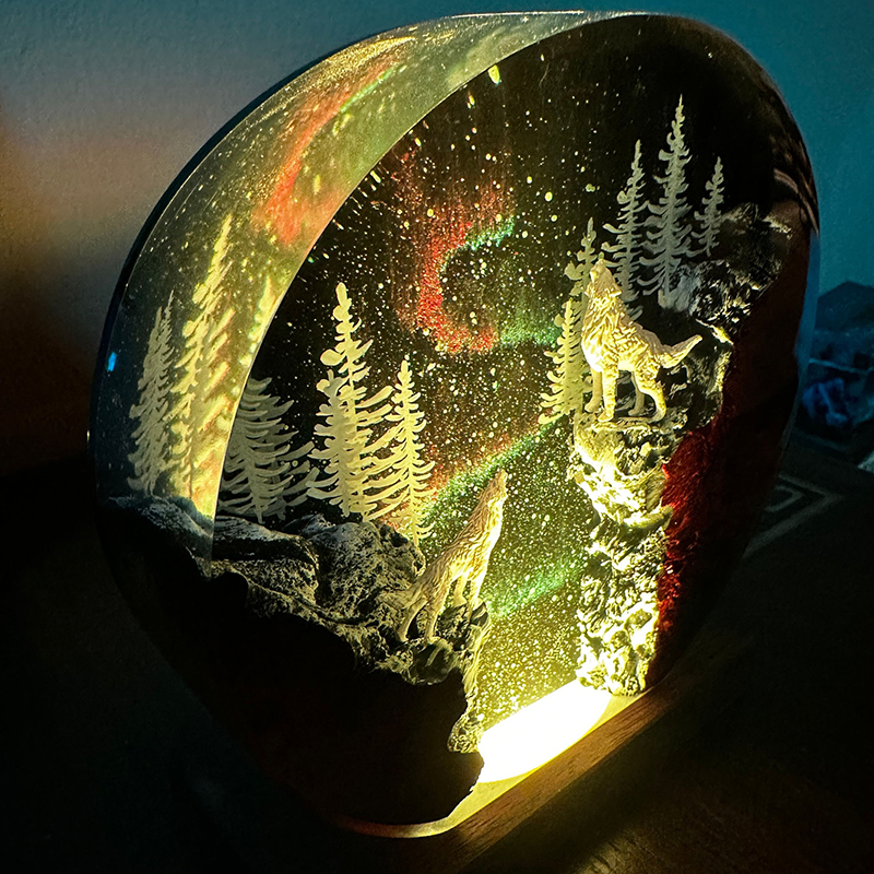 Aurora Borealis, Winter Forest, and Snow Wolf Resin Lamp