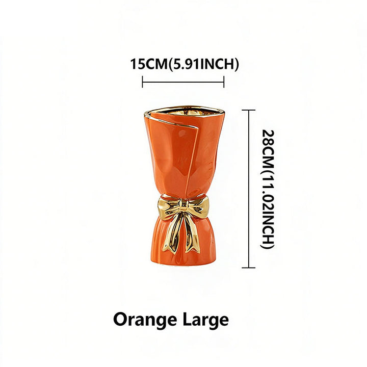 Nordic Minimalist Ceramic Vase with Gold-Rimmed Bow