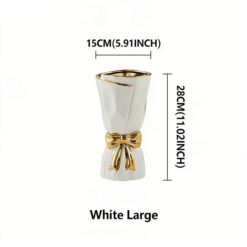 Nordic Minimalist Ceramic Vase with Gold-Rimmed Bow