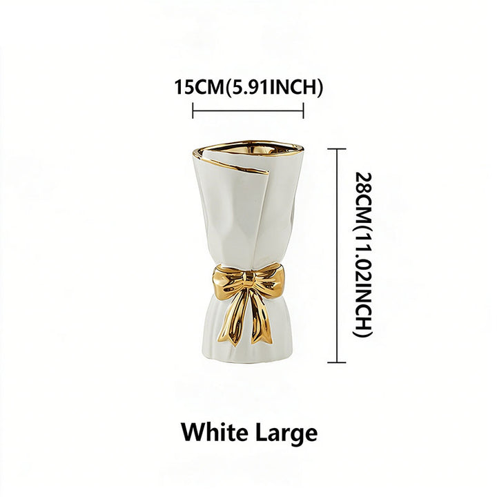 Nordic Minimalist Ceramic Vase with Gold-Rimmed Bow