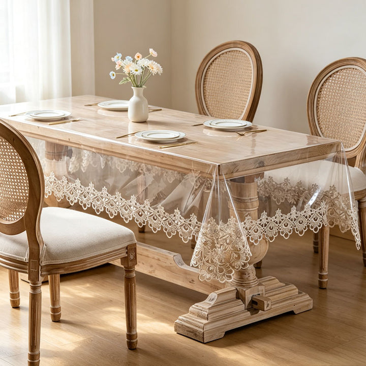 Best-selling soft, transparent tablecloth with lace trim.