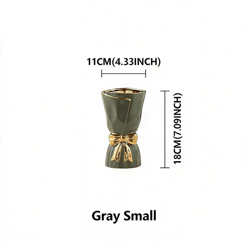 Nordic Minimalist Ceramic Vase with Gold-Rimmed Bow