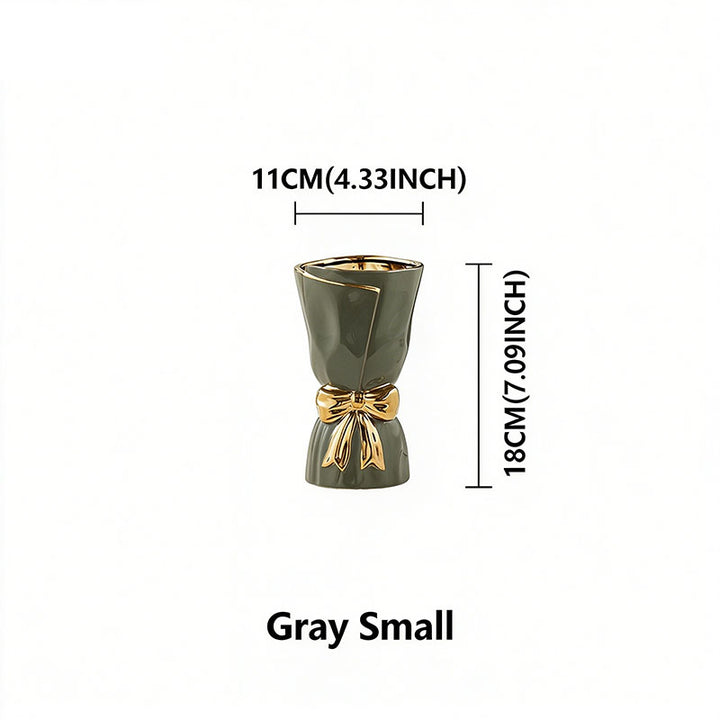 Nordic Minimalist Ceramic Vase with Gold-Rimmed Bow