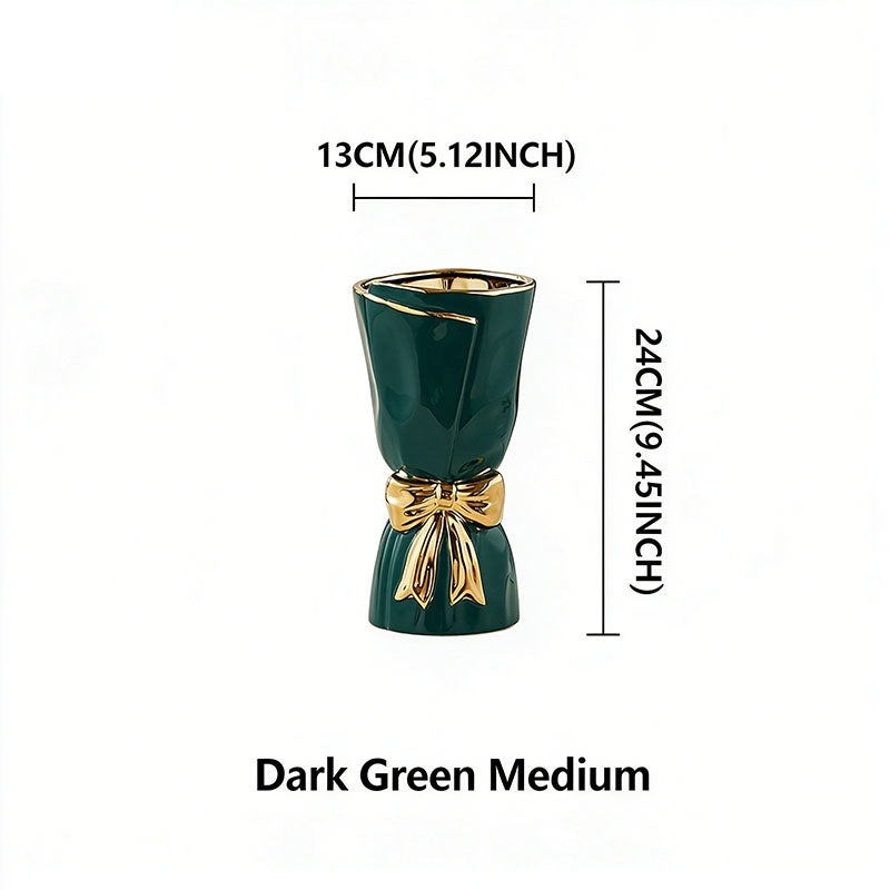 Nordic Minimalist Ceramic Vase with Gold-Rimmed Bow