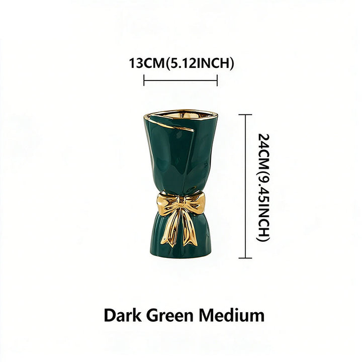 Nordic Minimalist Ceramic Vase with Gold-Rimmed Bow